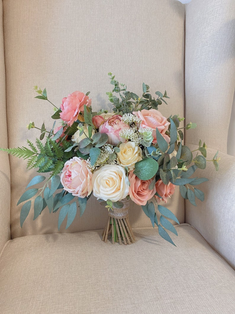 Wedding Bouquet, Dusty Rose, Blush Pink, White Cream, Rose Peonies Eucalyptus Bouquet, Boho Bouquets, Bridal Bridesmaids Bouquet image 1