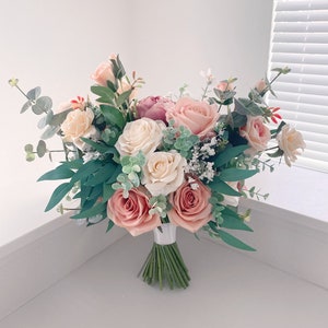 Wedding Bouquet, Dusty Rose, Blush Pink, White Cream, Rose Peonies Eucalyptus Bouquet, Boho Bouquets, Bridal Bridesmaids Bouquet