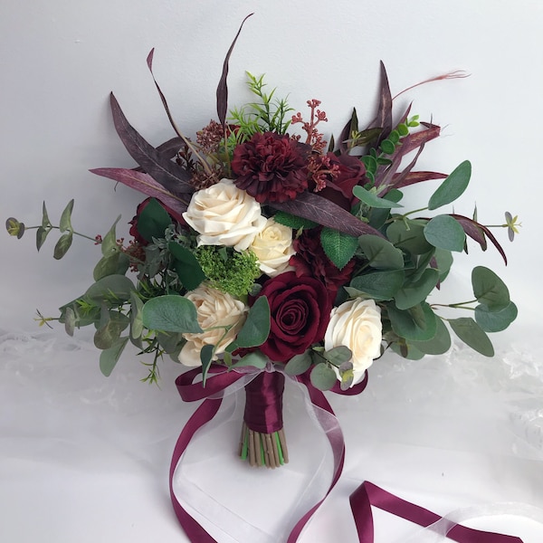 Wedding Bouquet, Burgundy and Ivory Bouquet, Boho Bouquet, Bridal Bridesmaids Bouquet, Rose and Eucalyptus