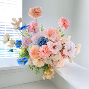 Peach, orange, dusty blue ,white colorful wildflowers bouquet, spring summer wedding,bridal bridesmaids bouquet