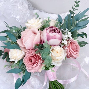 Wedding Bouquet, Dusty Rose, Blush Pink, White Cream, Rose Peonies Eucalyptus Bouquet, Boho Bouquets, Bridal Bridesmaids Bouquet image 4