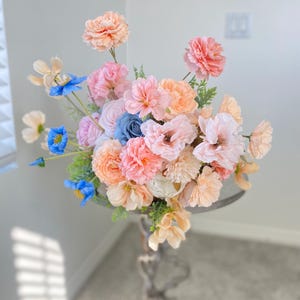 Peach & Dusty Blue Silk Flower Bouquet: Spring Wedding Decor
