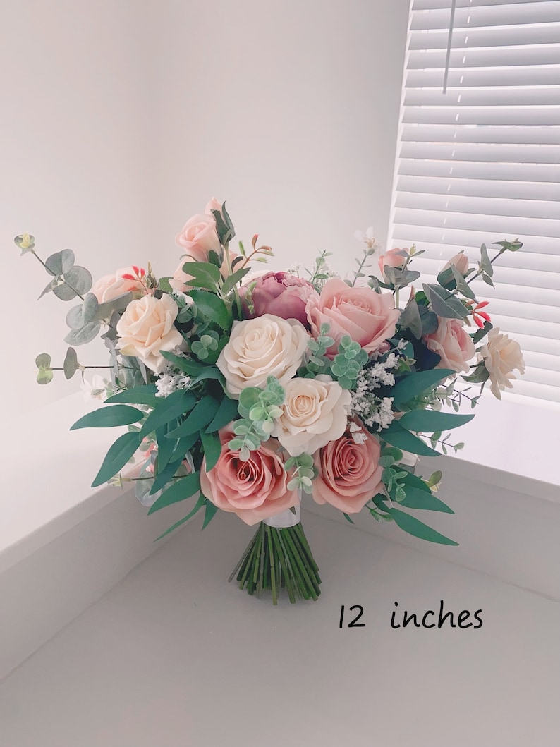 Wedding Bouquet, Dusty Rose, Blush Pink, White Cream, Rose Peonies Eucalyptus Bouquet, Boho Bouquets, Bridal Bridesmaids Bouquet image 3