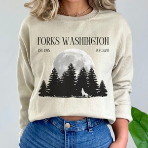Forks Washington Crewneck Sweatshirt, Edward Cullen, Bella Swan, Jacob Black, Werewolf Full Moon, Forest, Robert Pattinson, Vampires Merch