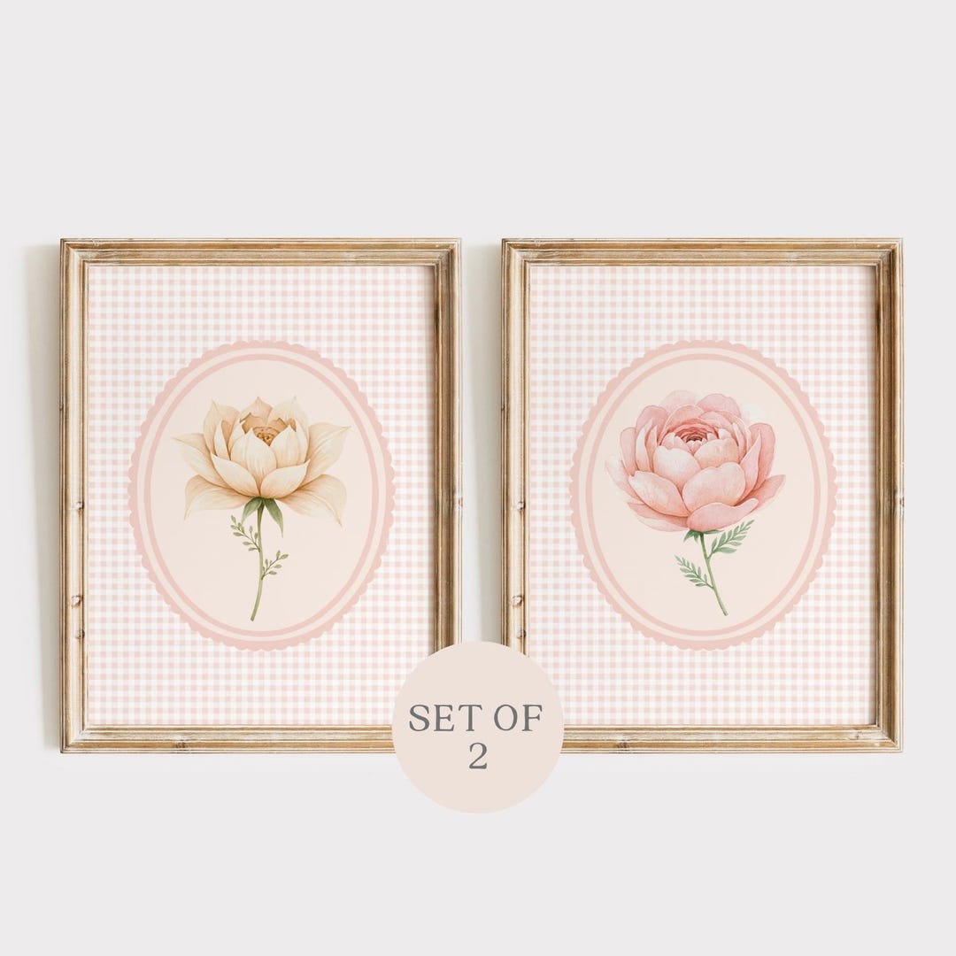 Pink Flower Nursery Wall Art Set of 2 | Floral Gingham Print | Baby ...