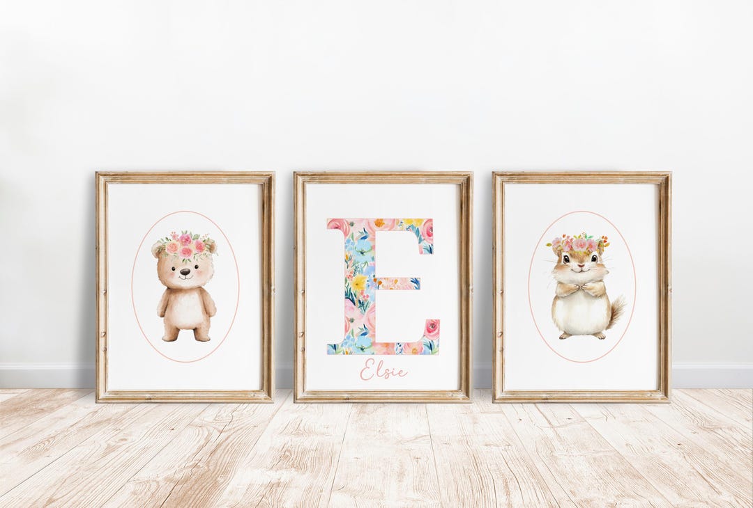 Animal Nursery Wall Art Print Set | Custom Name | Wildflowers | Flower ...