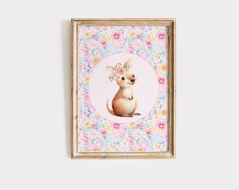 Australian Animal Nursery Decor, Kangaroo Nursery Wall Art, Aussie Animals Wall Decor, Floral Nursery Art, Kangaroo Print, Digital Download