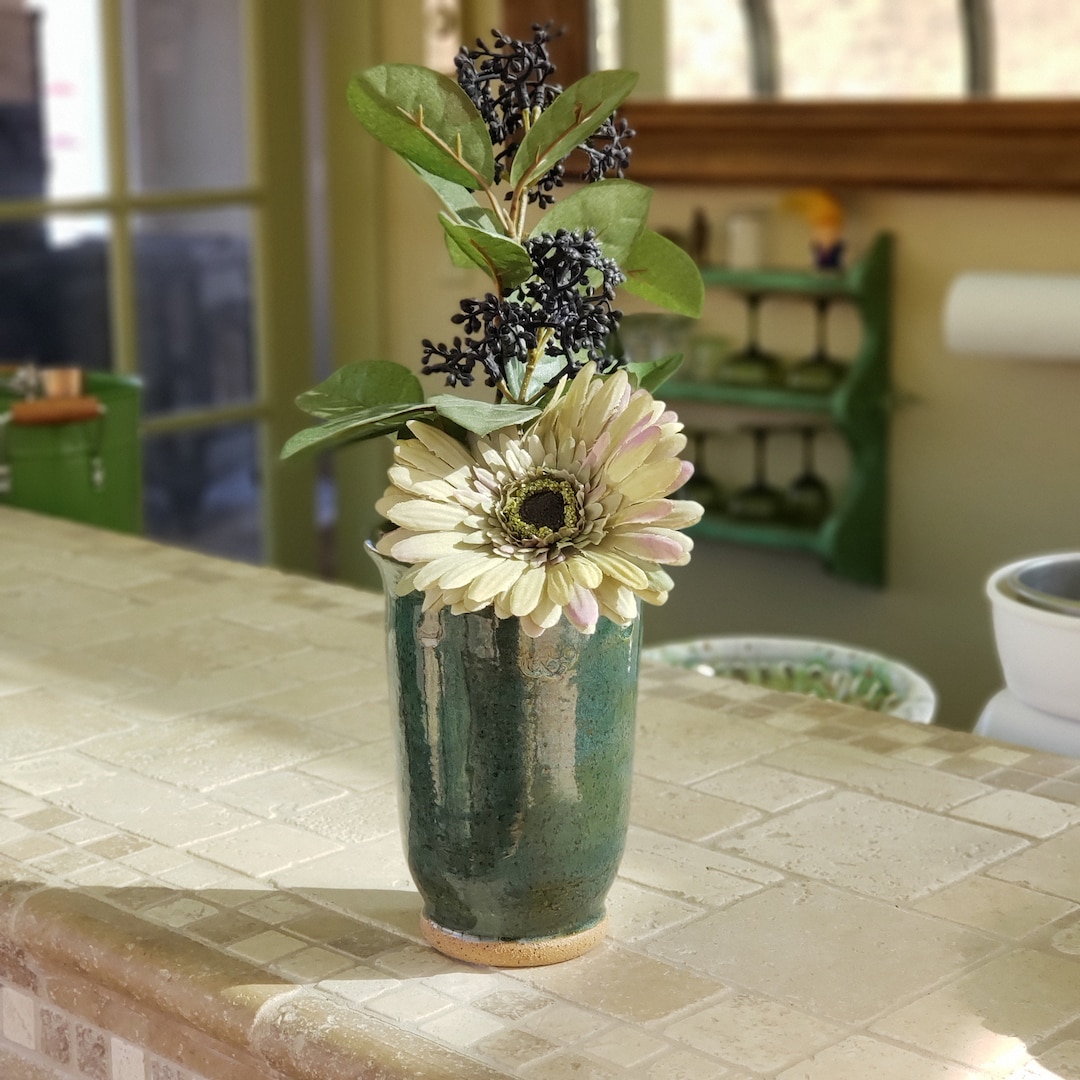 手絞り6インチ陶器花瓶：ブルーグリーンの斑点模様釉 - Etsy 日本