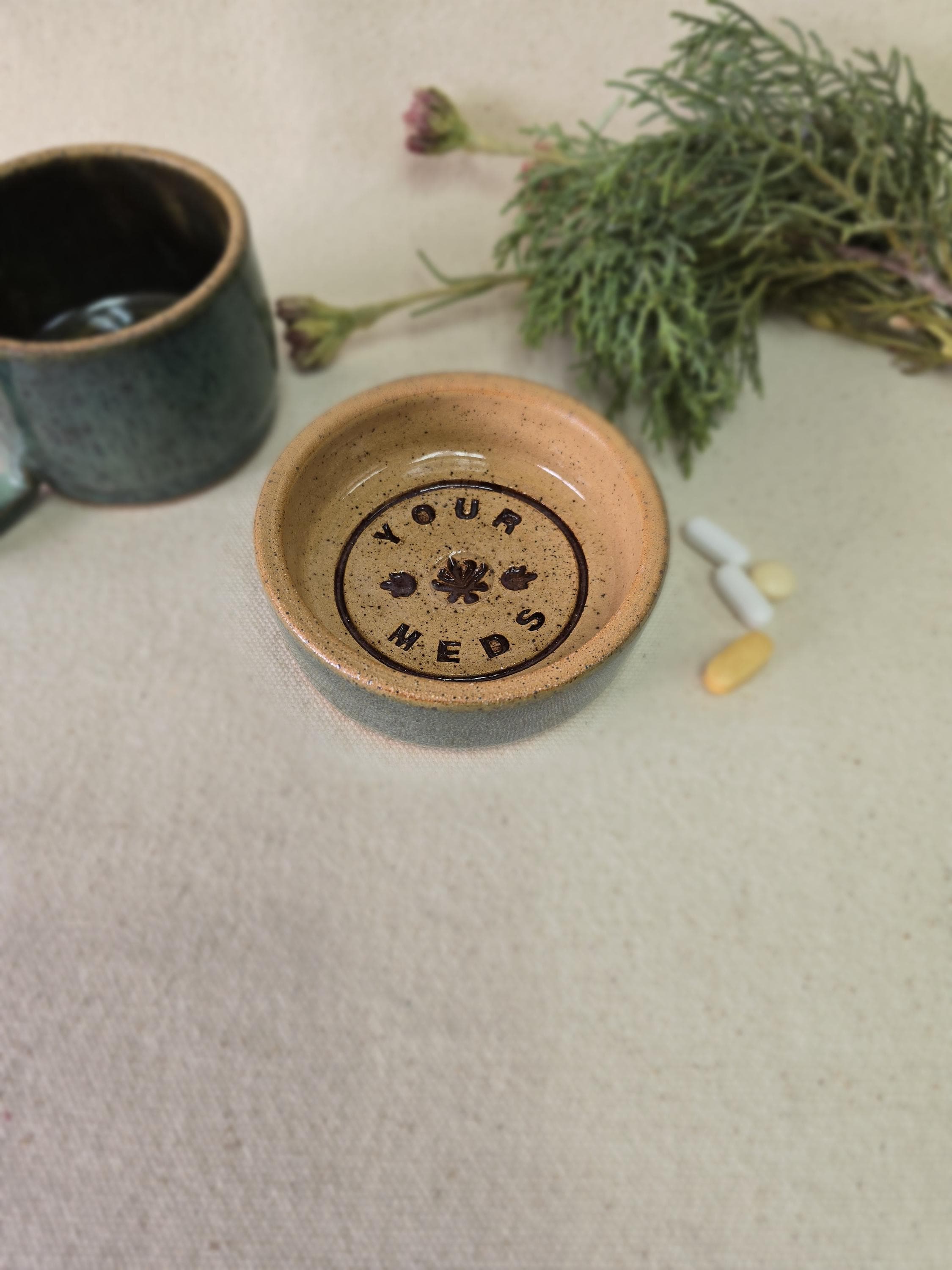 Handmade Ceramic Pill Dispenser: Green Glaze, "Your Meds" Stamped