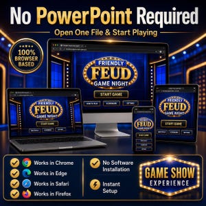 Friendly Feud Game Night running in a web browser on laptop, desktop, tablet, and smartphone with no PowerPoint required and instant setup.