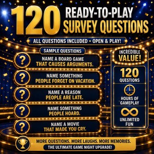 Friendly Feud Game Night includes 120 ready-to-play survey questions for family game nights, parties, team building events, and group gather
