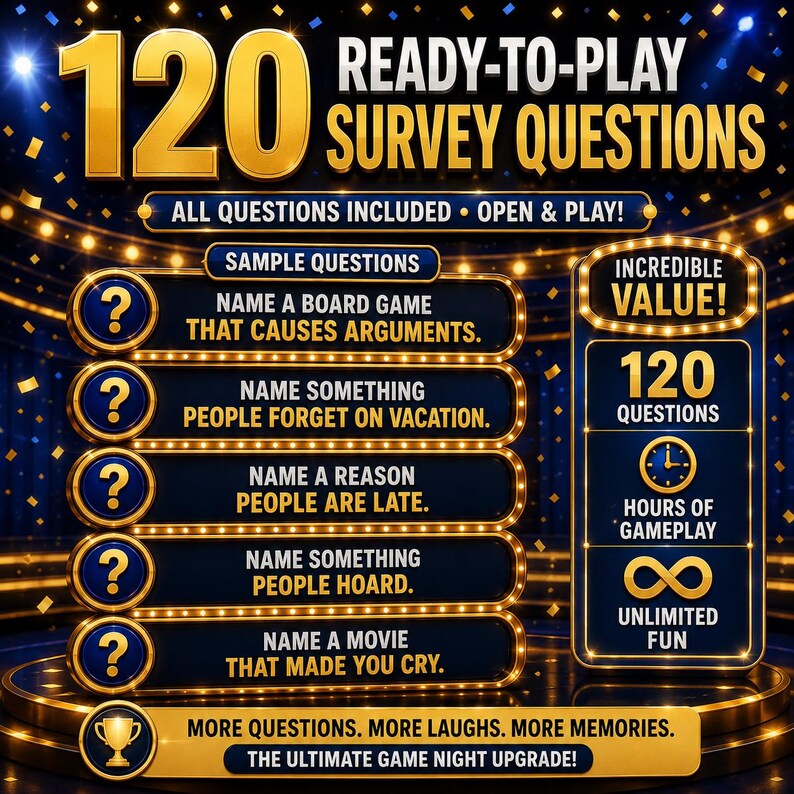 Friendly Feud Game Night includes 120 ready-to-play survey questions for family game nights, parties, team building events, and group gather