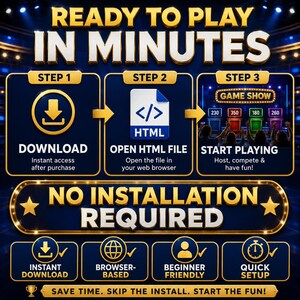 Instant download Friendly Feud Game Night HTML game with quick setup, browser-based gameplay, no software installation, and easy start instructions