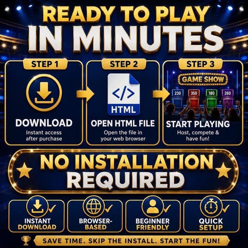 Instant download Friendly Feud Game Night HTML game with quick setup, browser-based gameplay, no software installation, and easy start instructions