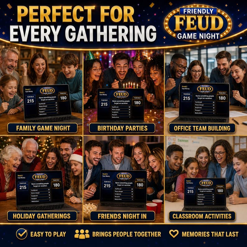 Friendly Feud Game Night party game for family game nights, birthdays, office team building, classroom activities, holiday gatherings