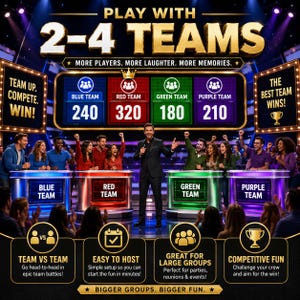 Friendly Feud Game Night supports 2 to 4 teams with interactive scoreboards, team competition, and multiplayer party game entertainment.