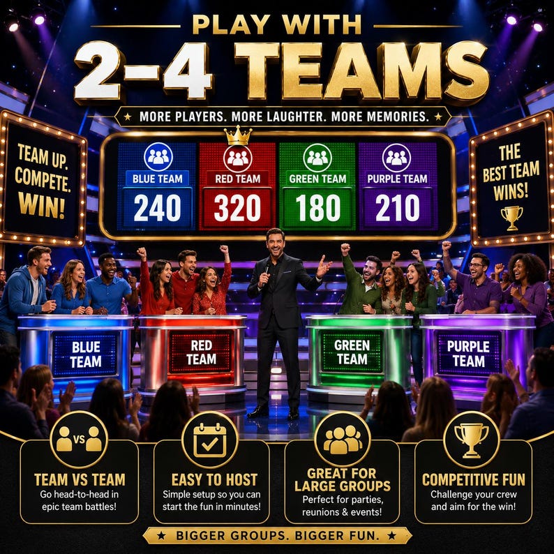 Friendly Feud Game Night supports 2 to 4 teams with interactive scoreboards, team competition, and multiplayer party game entertainment.