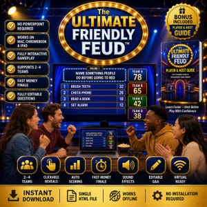 Puede incluir: El juego The Ultimate Friendly Feud presenta un marcador digital que muestra los resultados de la primera ronda con cuatro respuestas y puntuaciones de equipos. El set incluye una guía para jugadores y anfitriones, juego interactivo y preguntas editables.