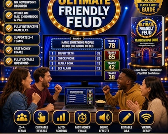 Serata di giochi a quiz amichevole, gioco per feste di famiglia modificabile, gameplay HTML completamente interattivo, non è necessario PowerPoint, download del quiz.