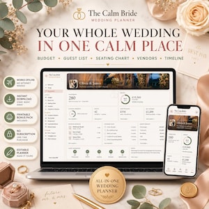Puede incluir: Un organizador de bodas digital en la pantalla de una computadora portátil y un teléfono inteligente, con herramientas de presupuesto, lista de invitados y cronograma. La interfaz muestra el texto The Calm Bride, Olivia & James.