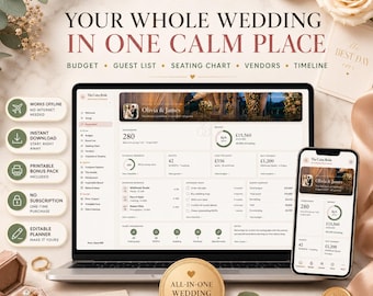 App completa per l'organizzazione del matrimonio, con strumenti per il monitoraggio del budget, la lista degli invitati e la disposizione dei posti a sedere, la pianificazione della luna di miele, la cronologia stampabile, la lista dei fornitori e la checklist.
