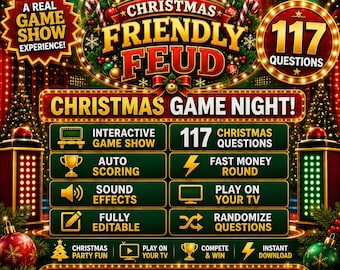 Gioco a quiz natalizio per famiglie, divertente gioco interattivo per riunioni di famiglia, quiz per feste natalizie, gioco a quiz natalizio completamente modificabile
