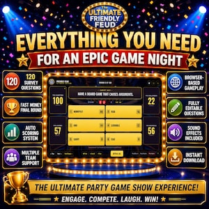 Everything included in Friendly Feud Game Night digital download featuring 120 survey questions, Fast Money final round, auto scoring, editable