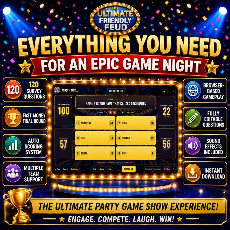 Everything included in Friendly Feud Game Night digital download featuring 120 survey questions, Fast Money final round, auto scoring, editable