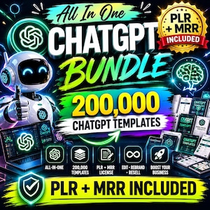 Könnte beinhalten: Ein lebendiges Grafikdesign, das ein ChatGPT-Bundle bewirbt. Das Bild zeigt einen Roboter, einen Laptop und verschiedene Symbole. Der Text enthält "All In One ChatGPT Bundle", "200.000 ChatGPT Templates" und "PLR + MRR Included."