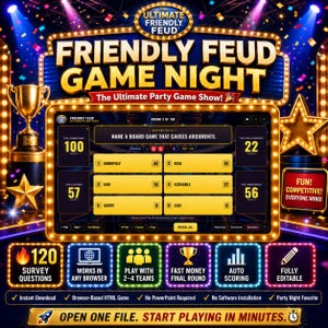 Friendly Feud Party Game Night, Interactive Browser Games, No PowerPoint Needed, Digital HTML Game for Family Game Nights & Team Building