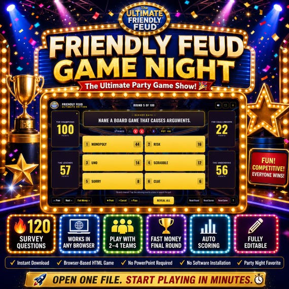 Friendly Feud Party Game Night, Interactive Browser Games, No PowerPoint Needed, Digital HTML Game for Family Game Nights & Team Building