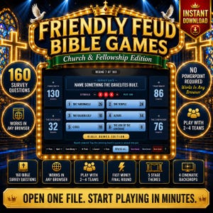 May include: A digital game interface titled Friendly Feud Bible Games Church & Fellowship Edition. The screen displays survey questions, team scores, and game controls with gold accents, dark blue backgrounds, and illuminated borders.