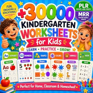 May include: A vibrant graphic advertising kindergarten worksheets for children. The image displays the text "+30000 Kindergarten Worksheets for Kids" with illustrations of letters, numbers, shapes, colours, animals, and maths problems. Includes the text "Learn, Practice, Grow!"