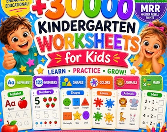 Oltre 30.000 schede didattiche per la scuola materna / Pacchetto stampabile / Schede di matematica / Attività Montessori per bambini piccoli / PDF con licenza PLR MRR per uso commerciale