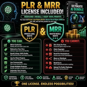 PLR and MRR digital product bundle with private label rights and master resell rights allowing users to edit, rebrand, resell and kee