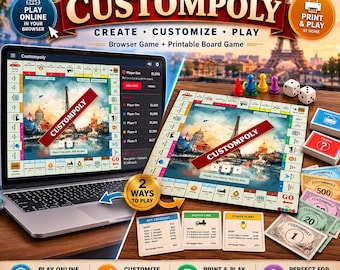 Custompoly Game Printable Board Game Kit, Editable Monopoly-Style Custom Board, Playable Property Trading Games, Personalized Family Gifts