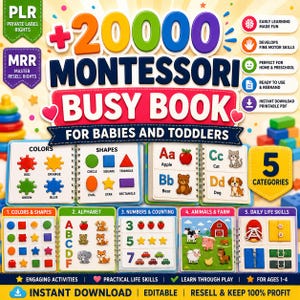 Puede incluir: Un colorido libro Montessori Busy Book para bebés y niños pequeños, con actividades educativas. Incluye secciones sobre colores, formas, alfabeto, números, animales y habilidades de la vida diaria. Descarga instantánea y PDF imprimible.