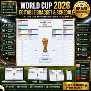 Könnte beinhalten: Eine digitale, bearbeitbare Turnierübersicht und ein Spielplan für die Weltmeisterschaft 2026 mit einer goldenen Trophäe in der Mitte, Gruppeneinteilungen und einem K.-o.-System. Enthält Text zu den Gastgeberländern und Spielverfolgung.