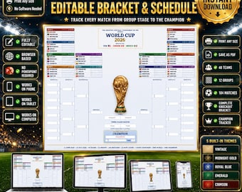 Tabellone del torneo di calcio dei Mondiali 2026, programma stampabile e modificabile, ideale per aule, uffici e feste a tema, con risultati da poster.