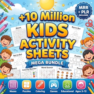 Puede incluir: Un gráfico colorido que promociona un mega paquete de hojas de actividades para niños. La imagen presenta el texto "+10 Million KIDS ACTIVITY SHEETS MEGA BUNDLE" con ilustraciones de laberintos, punto a punto, rompecabezas y páginas para colorear. Edades 3-12.
