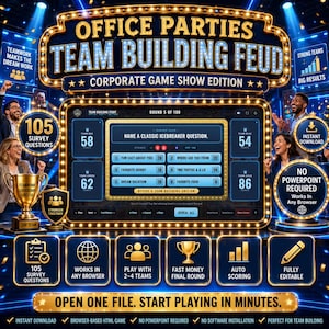 May include: A digital game show interface titled Office Parties Team Building Feud Corporate Game Show Edition. The screen displays survey questions, team scores, and game controls in a gold-bordered frame with blue lighting and confetti.