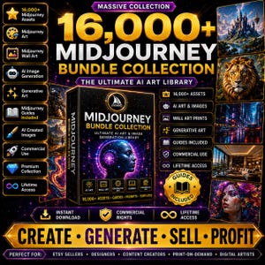 May include: A promotional graphic for a Midjourney Bundle Collection, featuring a black box with a futuristic woman's face. The text highlights 16,000+ assets, AI art, wall art, and generative art. The design uses gold, purple, and black colors.