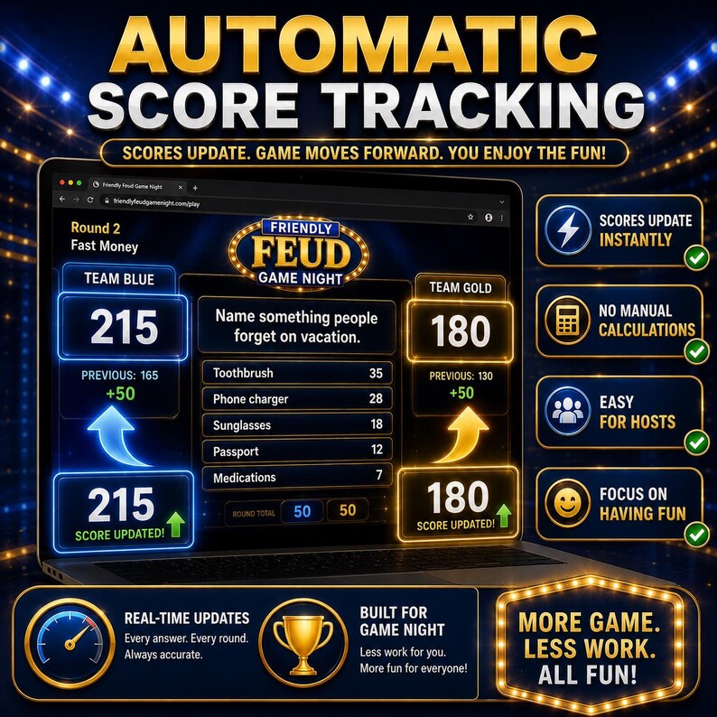 Fully editable Friendly Feud Game Night template allowing users to customize survey questions, answers, and game content for any event.