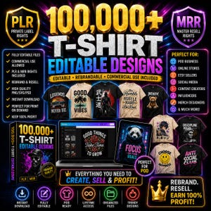 May include: A promotional image for 100,000+ editable t-shirt designs. The image features various t-shirt designs, a laptop, and a tablet. Text includes "PLR," "MRR," and "Everything You Need to Create, Sell & Profit!"