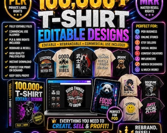 100K bearbeitbare T-Shirt-Designs im Bundle, PLR-Packs, MRR-Digitalprodukt, Done For You-Produkte Bestseller, DIY Merch Design für pod Business