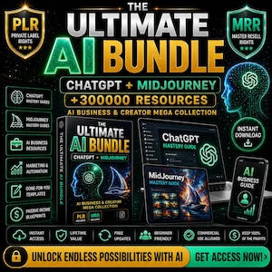 Puede incluir: Gráfico promocional para "The Ultimate AI Bundle" con "ChatGPT + Midjourney" y más de 300.000 recursos. La imagen incluye un libro, un portátil, una tableta y un smartphone, todos mostrando contenido relacionado con la IA. El gráfico es en tonos de verde, negro y blanco.