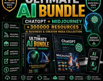 Könnte beinhalten: Werbegrafik für "The Ultimate AI Bundle" mit "ChatGPT + Midjourney" und über 300.000 Ressourcen. Das Bild zeigt ein Buch, einen Laptop, ein Tablet und ein Smartphone, die alle KI-bezogene Inhalte anzeigen. Die Grafik ist in Grün-, Schwarz- und Weißtönen gehalten.
