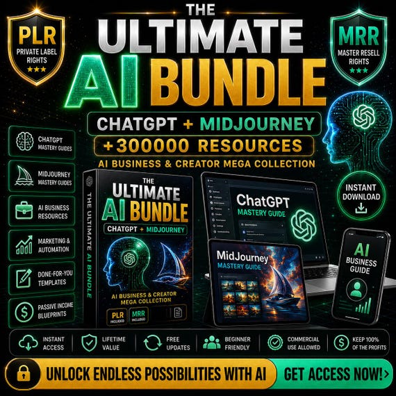 The Ultimate Ai Bundle, Chatgpt And Midjourney Master Collection, Plr & Mrr Digital Products, Ai Business Toolkit, Done For You Plr Packs