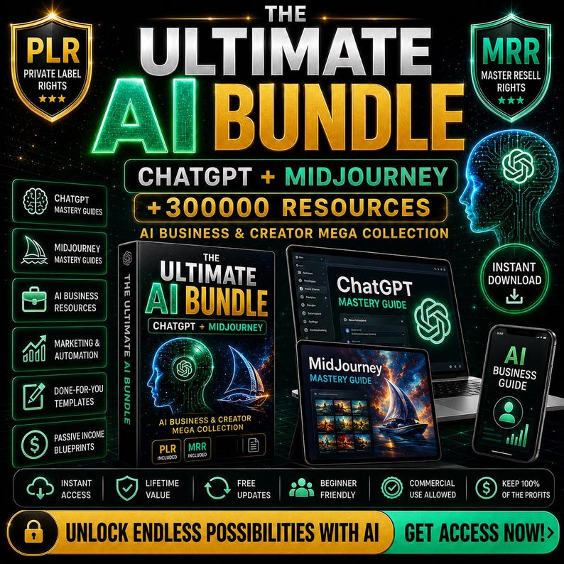 Ultimate AI Bundle with 300000+ resources including ChatGPT , Midjourney, PLR and MRR digital products, AI business to