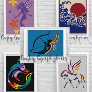May include: Five different crochet patterns featuring a fairy, a wave with a red sun, an archer with a rainbow tail, a rainbow fox, and a winged horse. Each pattern is framed in white and has the text "Geeky Graphghans" at the bottom.